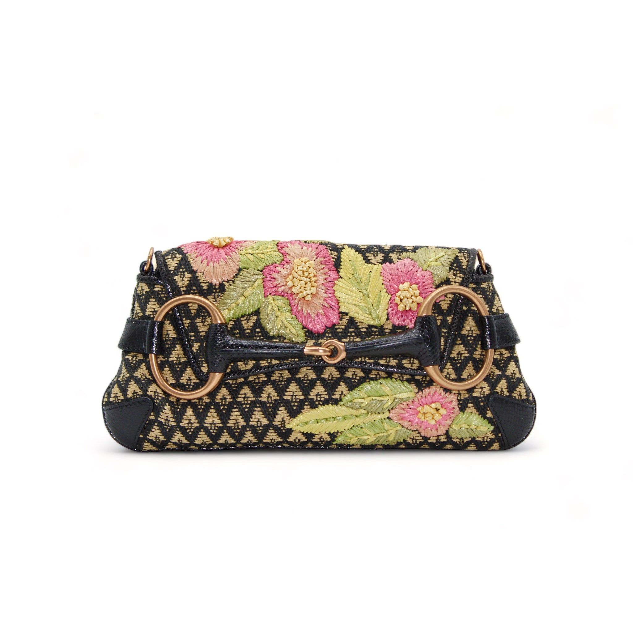 Gucci Brown and Black Floral Horsebit Chain Clutch Bag