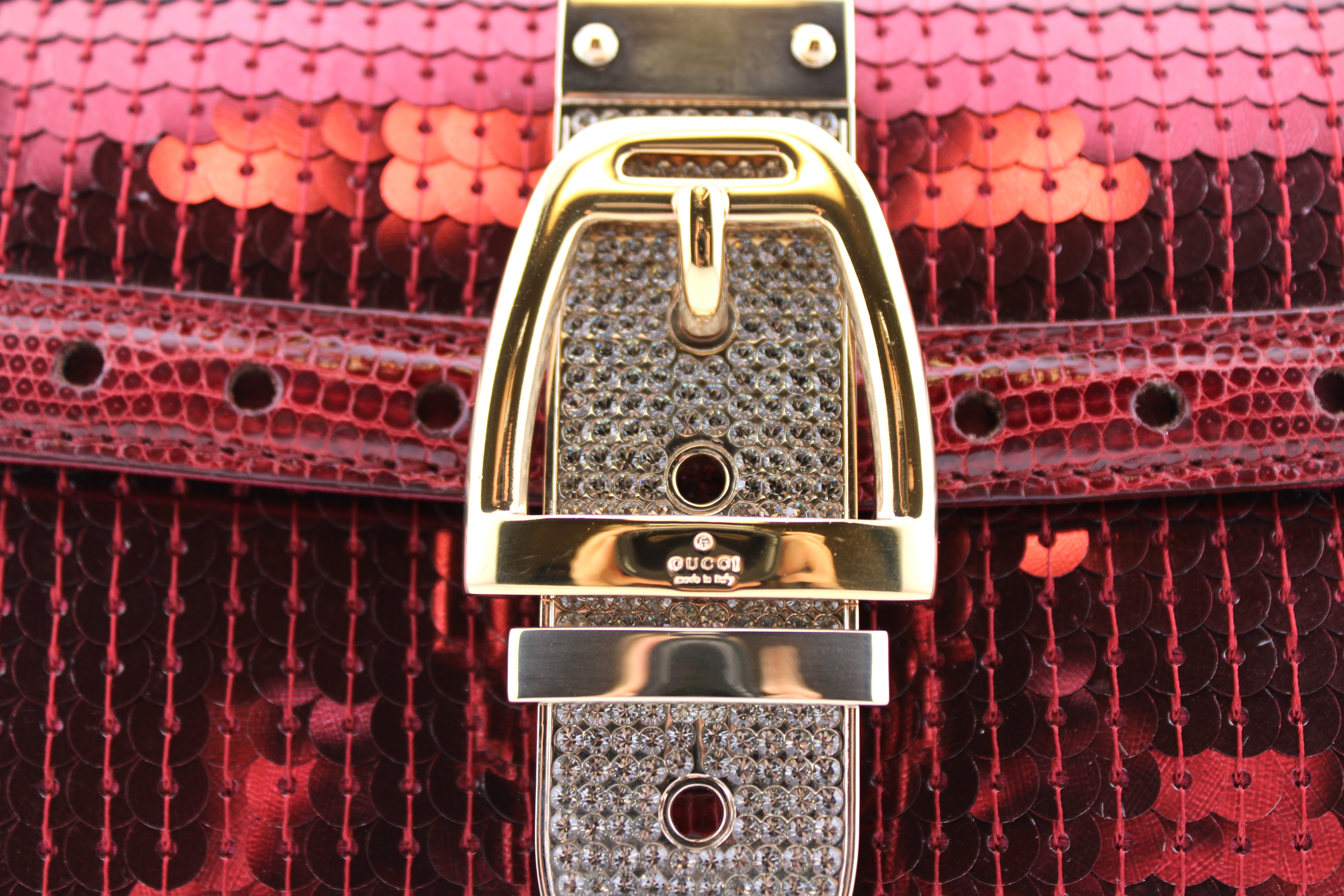 Gucci Bordeaux Red Sequin Lizard Crystal Wristlet Clutch Handbag