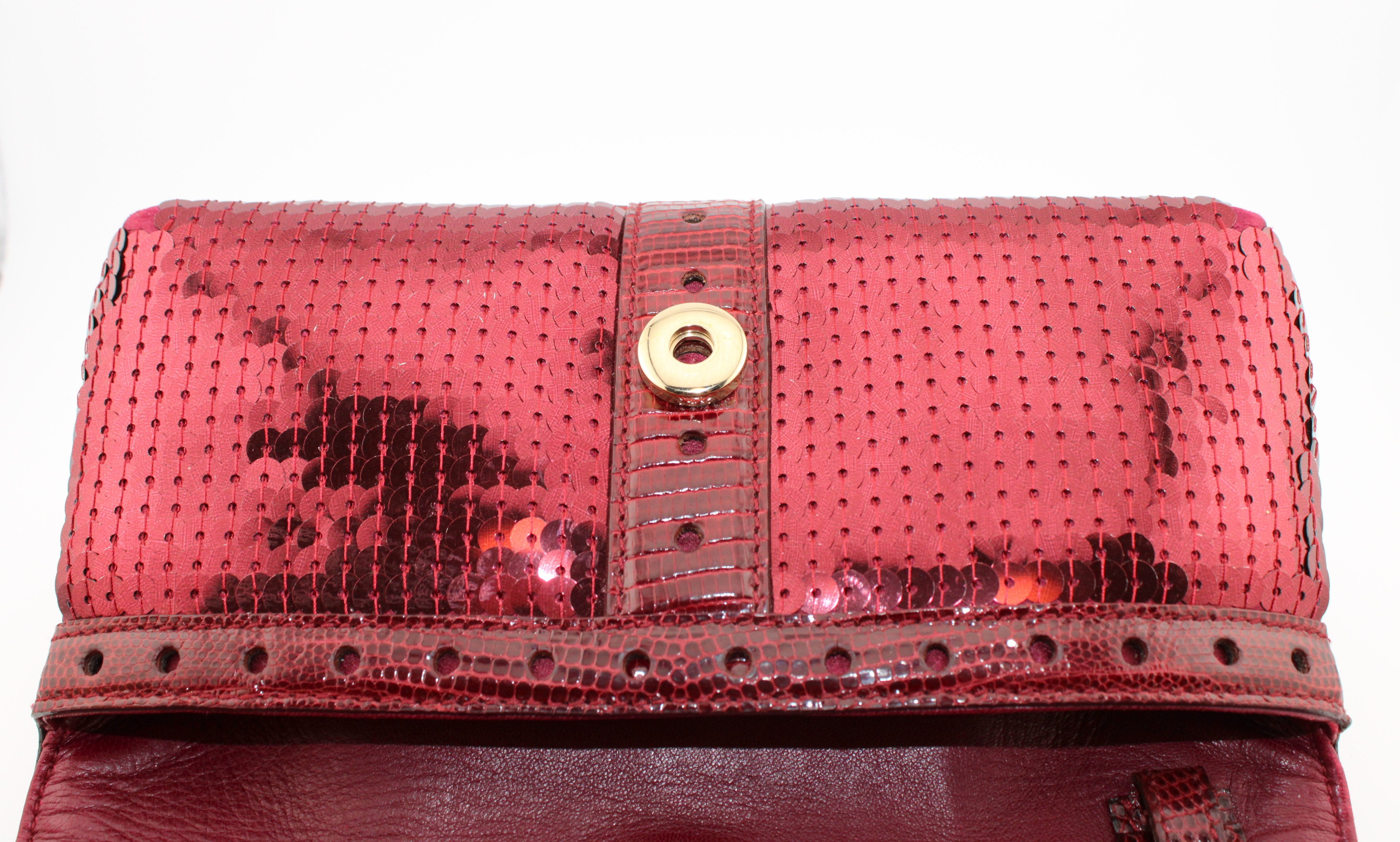 Gucci Bordeaux Red Sequin Lizard Crystal Wristlet Clutch Handbag