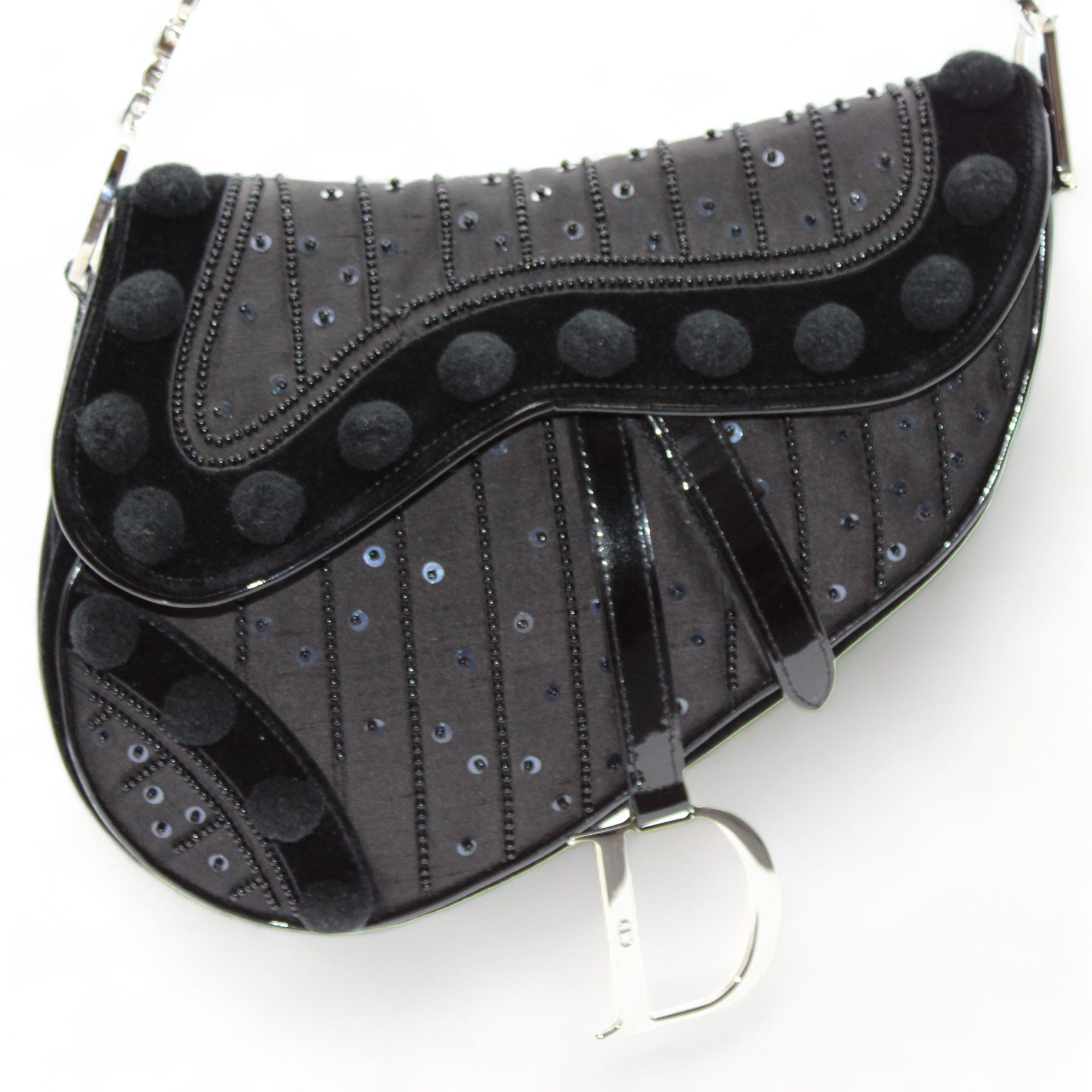 Christian Dior Black Limited Edition Velvet/Nylon and Leather Pom Pom Embellished Saddle Bag