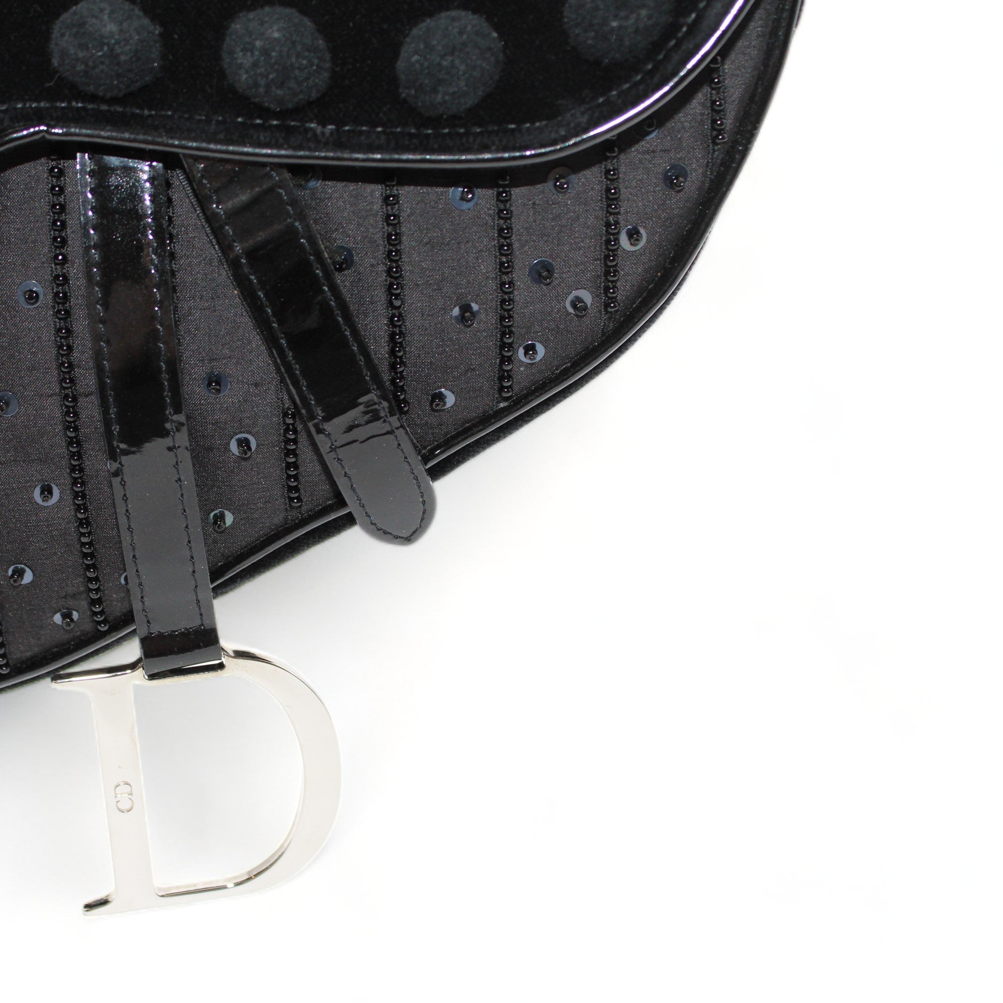 Christian Dior Black Limited Edition Velvet/Nylon and Leather Pom Pom Embellished Saddle Bag