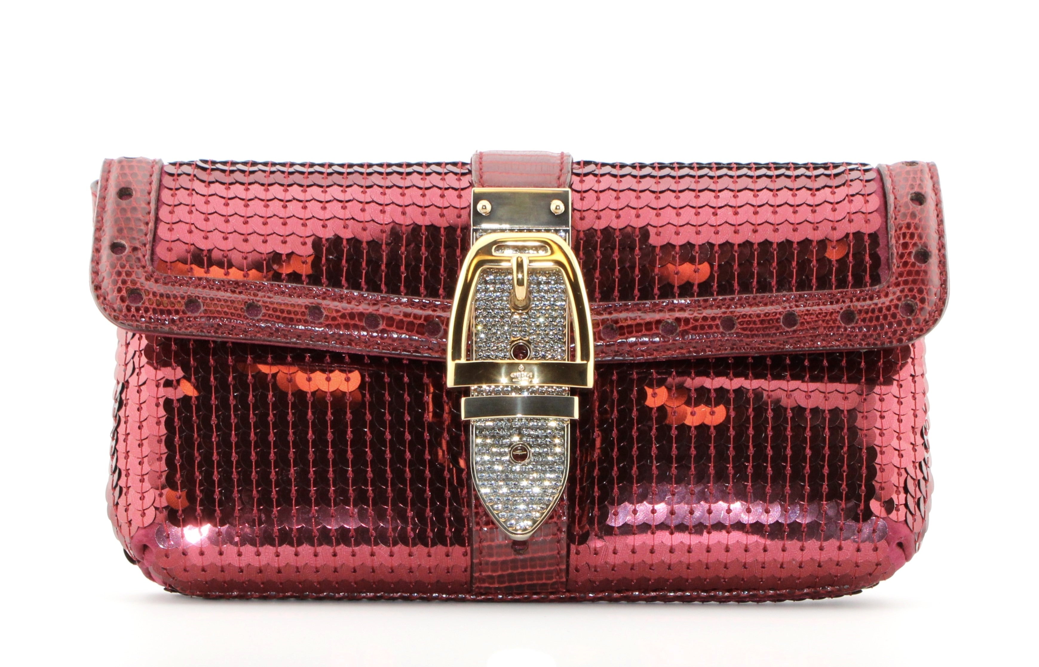 Gucci Bordeaux Red Sequin Lizard Crystal Wristlet Clutch Handbag